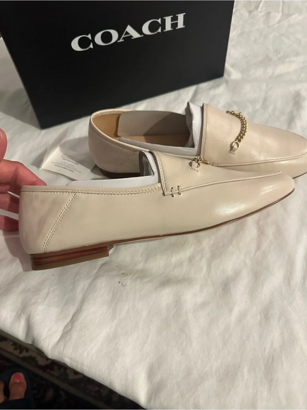 Coach Women's Cream Leather Chain-Trim Loafers